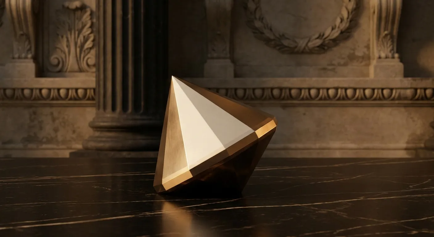Polished faceted gold spinning top tilted on dark black marble, sharp chamfered edges catching warm cinematic key light with 