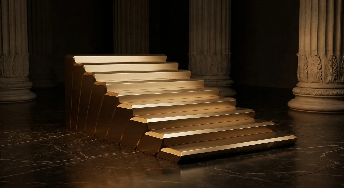 Polished faceted gold staircase with sharp chamfered edges and warm champagne highlights rising across dark veined black marb