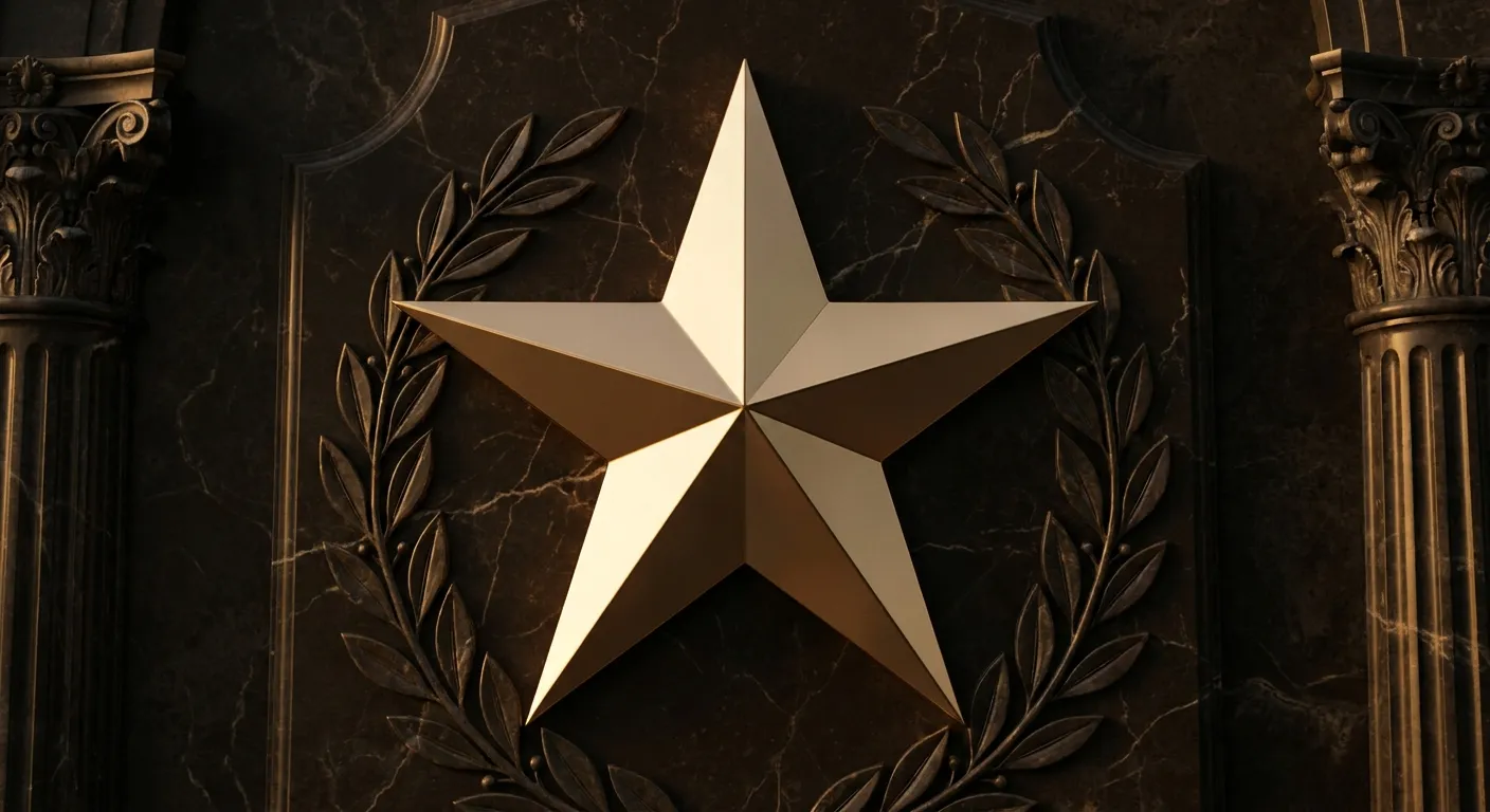 Polished faceted gold five-pointed star in relief on dark black marble with fine pale veining, cinematic low-key lighting