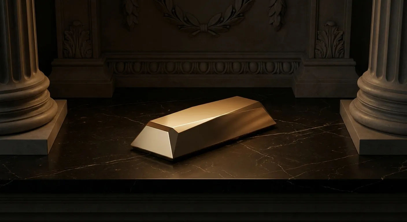 Polished faceted gold stroke with sharp chamfered edges and champagne highlights against dark black marble with fine pale vei
