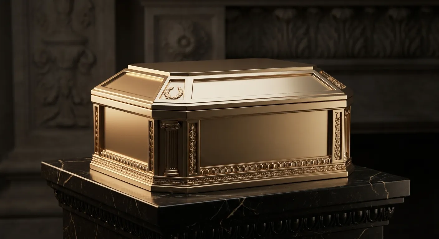 Polished faceted gold strongbox with chamfered lid locked shut on dark veined black marble, cinematic warm key light across a