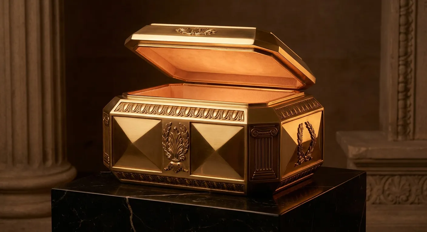 Open faceted gold strongbox with glowing interior, sharp chamfered edges and champagne highlights, set against dark veined bl