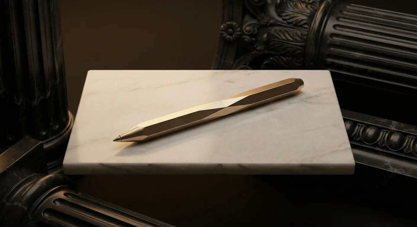 Polished faceted gold stylus on a blank marble tablet, dark veined black marble background, cinematic warm low-key lighting