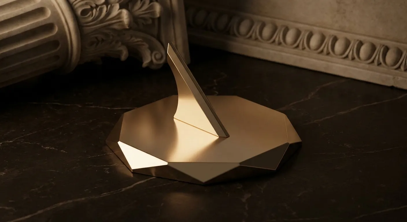 Polished faceted gold sundial with chamfered gnomon, sharp angular planes catching warm light, set against dark veined black 