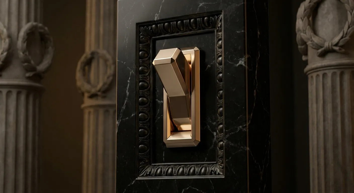Polished faceted gold toggle switch lever in up position on dark veined marble, cinematic low-key lighting with warm champagn
