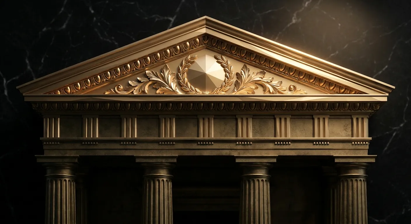 Cinematic photoreal faceted gold classical temple pediment with fluted columns in shadow against dark veined black marble bac