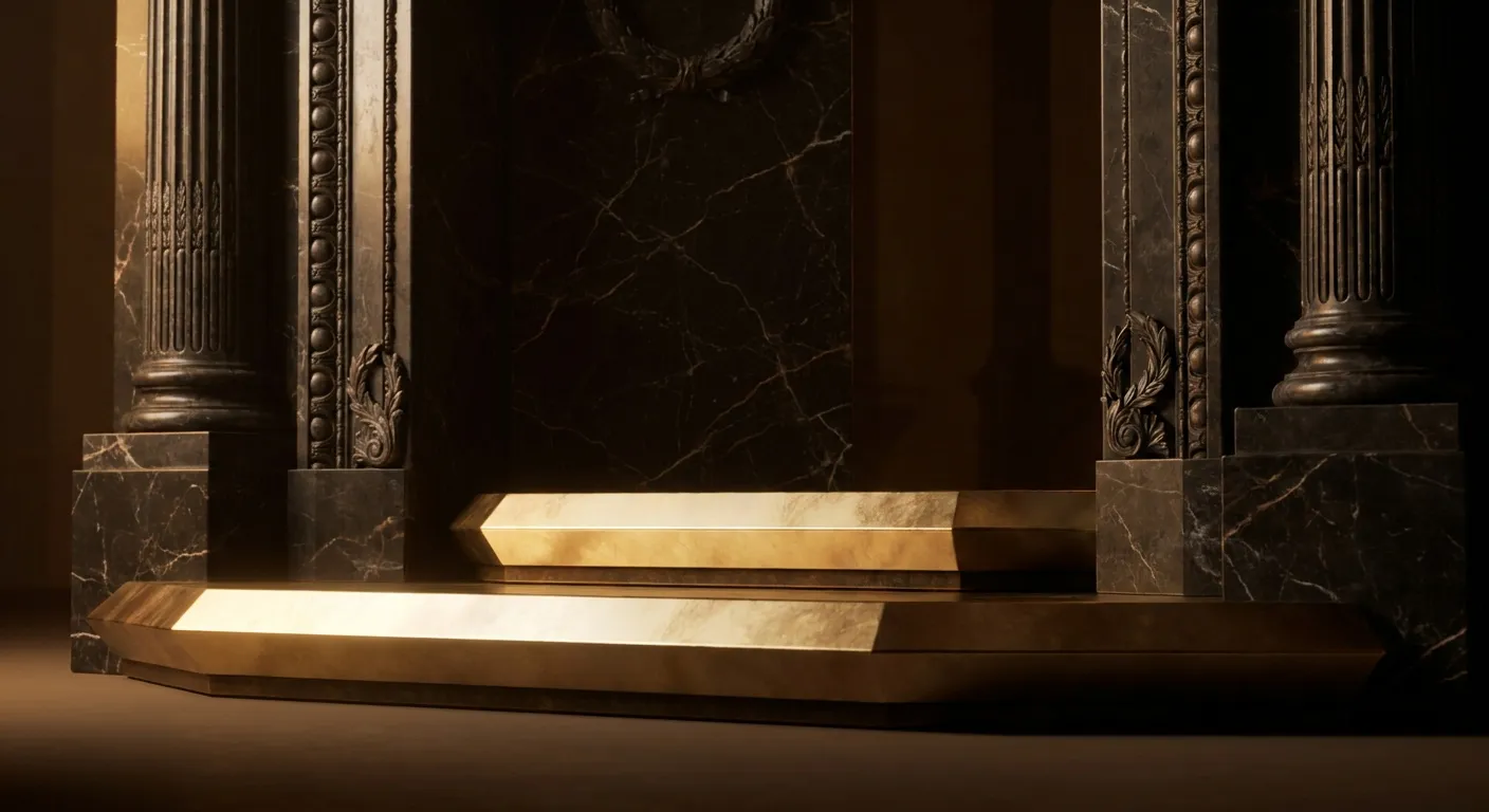 Polished faceted gold threshold step at a classical marble doorway with fluted columns, cinematic warm lighting on dark veine