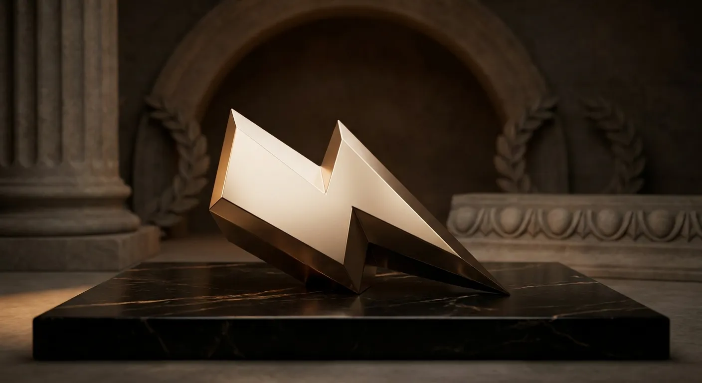 Polished faceted gold thunderbolt resting on a dark black marble slab, cinematic warm key light casting deep antique bronze s