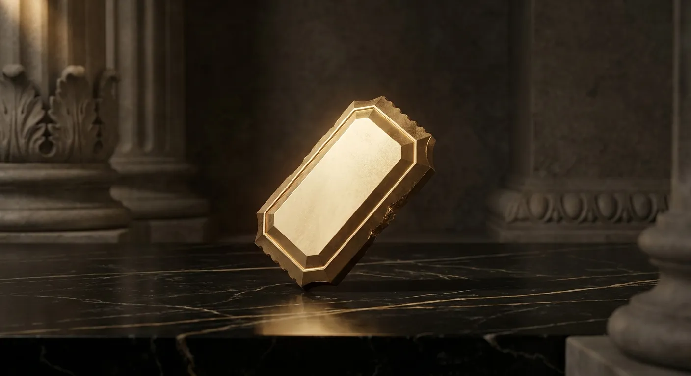 Polished faceted gold ticket stub with chamfered torn edge resting on dark veined marble, cinematic warm light with antique b