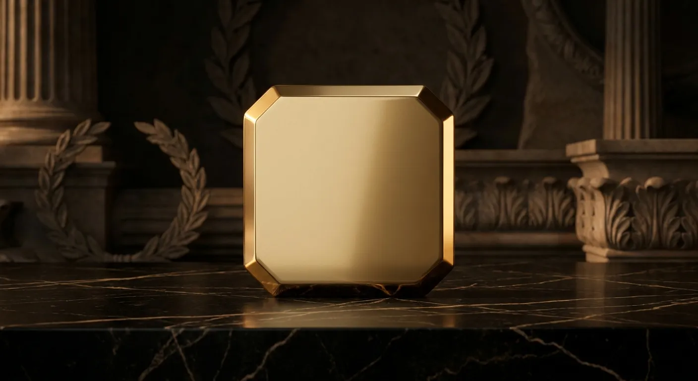 Polished faceted gold rounded square tile on dark black marble, warm cinematic key light with deep antique bronze shadows