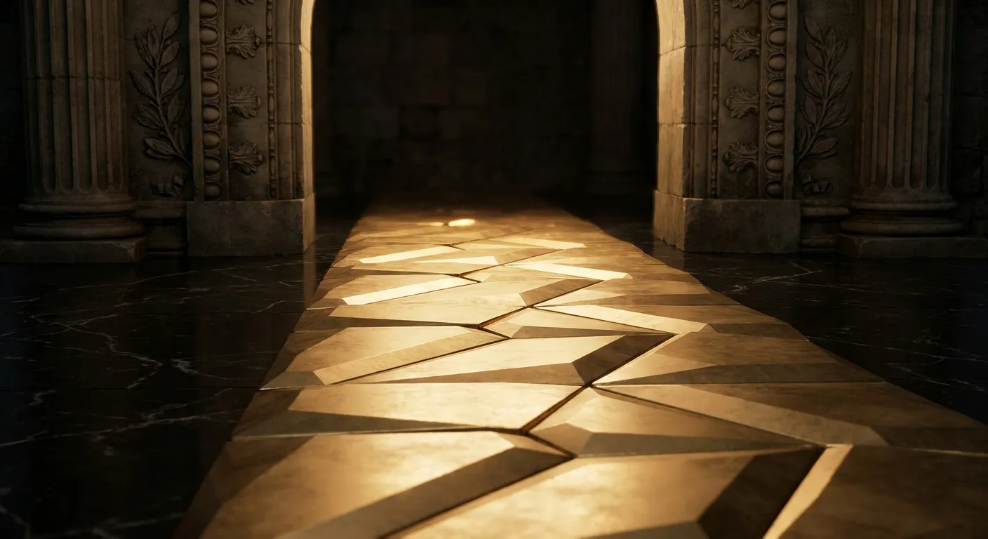 Cinematic pathway of polished faceted gold tiles across dark veined marble leading to a classical arch, warm low-key lighting