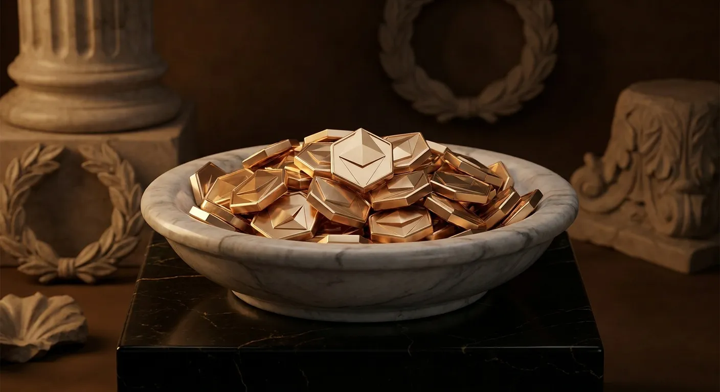 Shallow marble bowl heaped with polished faceted gold tokens, sharp chamfered edges catching warm light against dark veined b