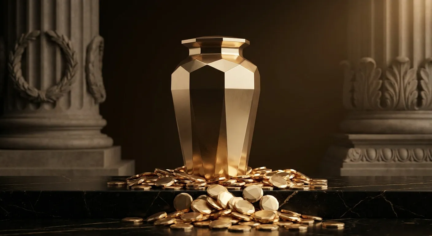 Tall faceted gold urn overflowing with chamfered gold coins on dark veined black marble, cinematic warm key light, classical 