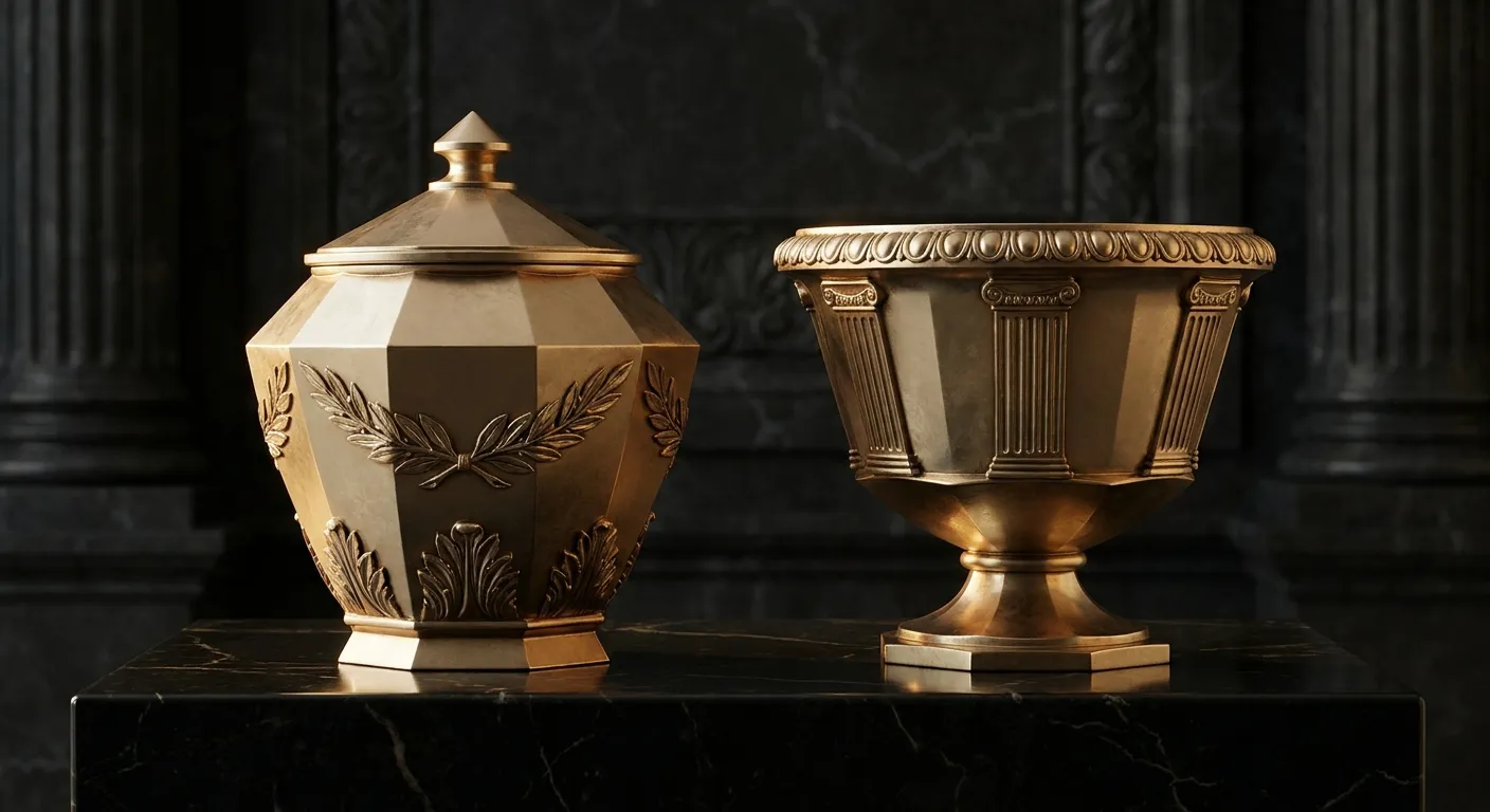 Two polished faceted gold vessels on dark veined marble, one sealed one open, cinematic warm light casting deep antique bronz