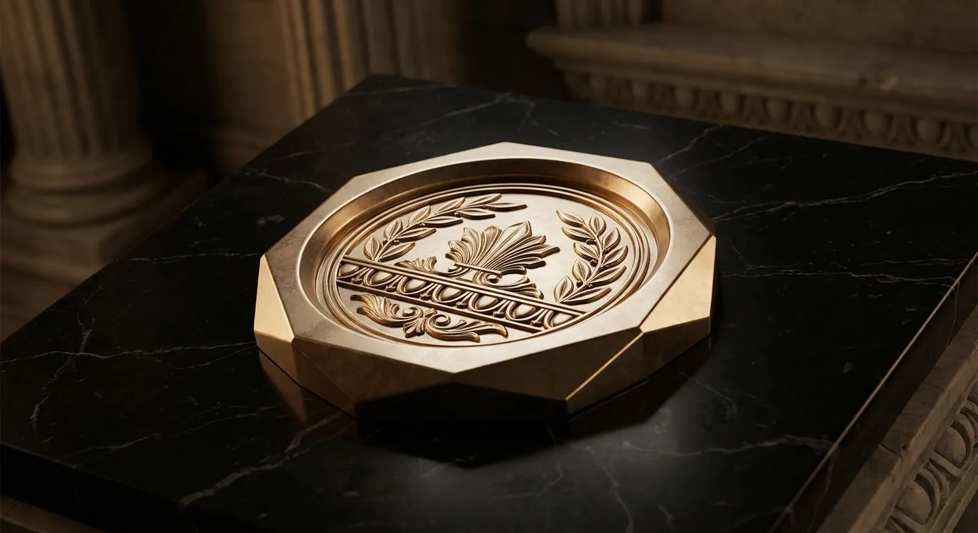 Polished faceted gold wax seal with chamfered rim on black marble, warm cinematic key light casting deep antique bronze shado
