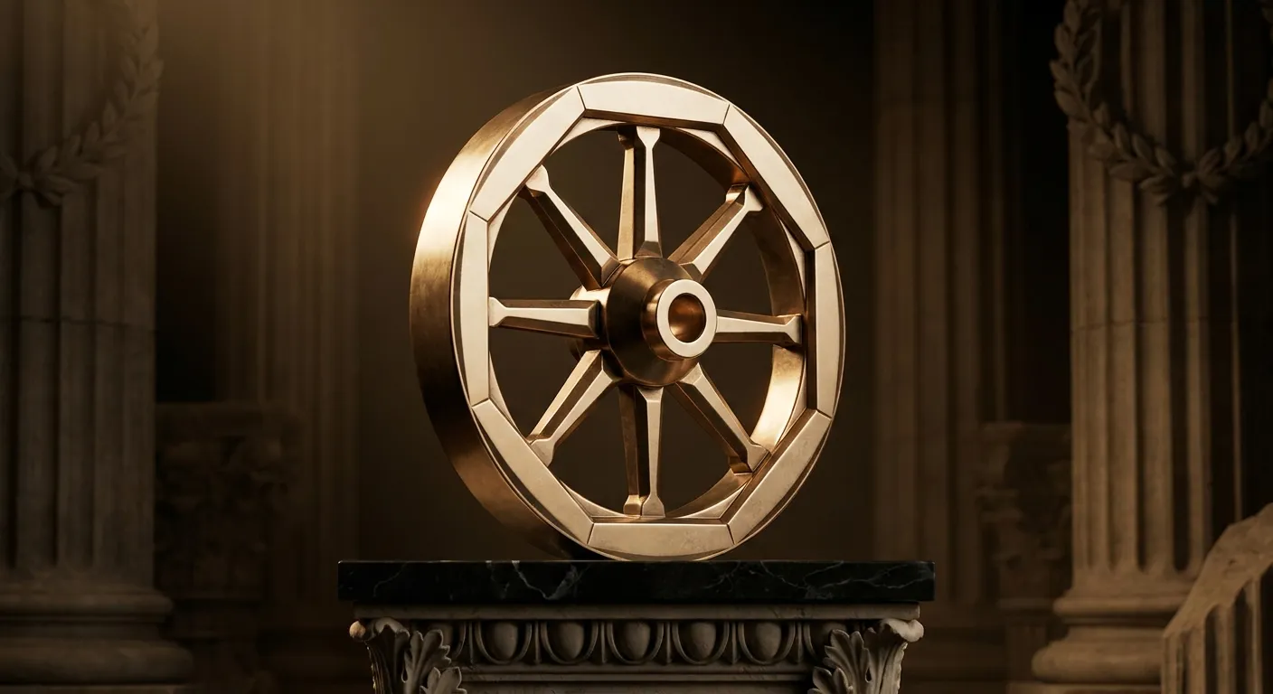 Polished faceted gold wheel with chamfered spokes on dark veined marble, warm cinematic key light with antique bronze shadows