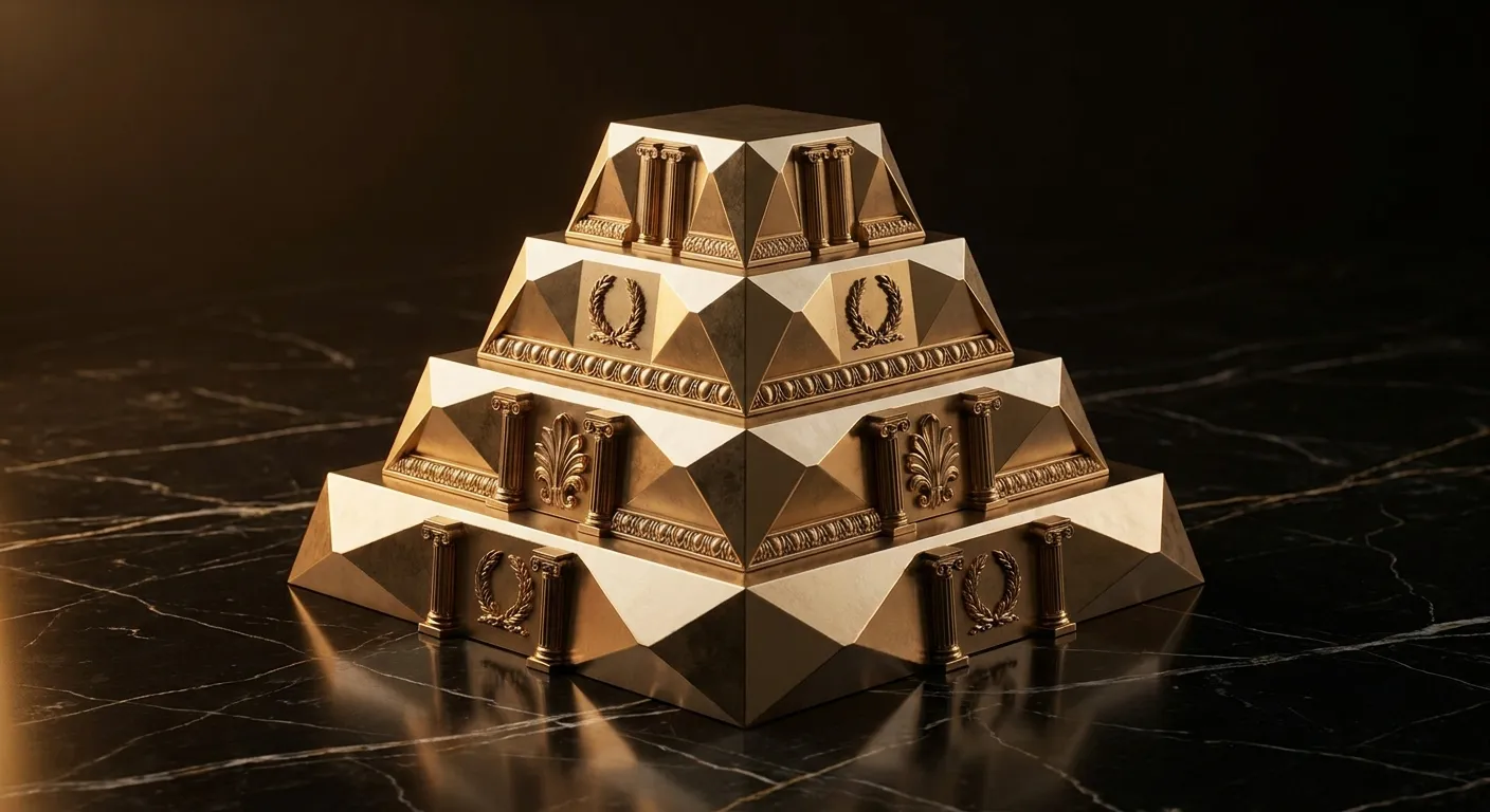 Polished chamfered gold four-tier stepped ziggurat on black marble, cinematic warm key light casting deep antique bronze shad