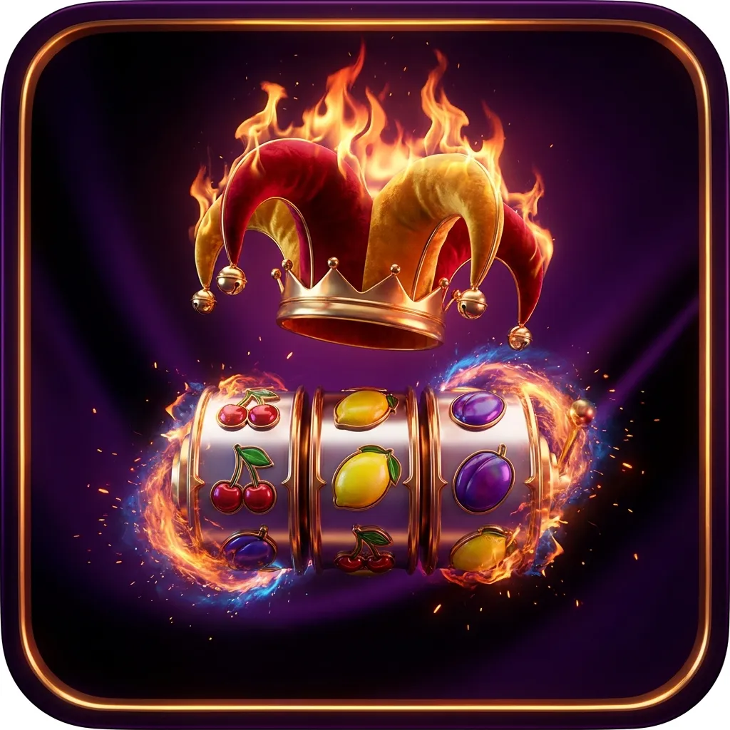 Glossy 3D render of a flaming jester hat hovering above three classic fruit slot reels wrapped in golden sparks on a dark bac