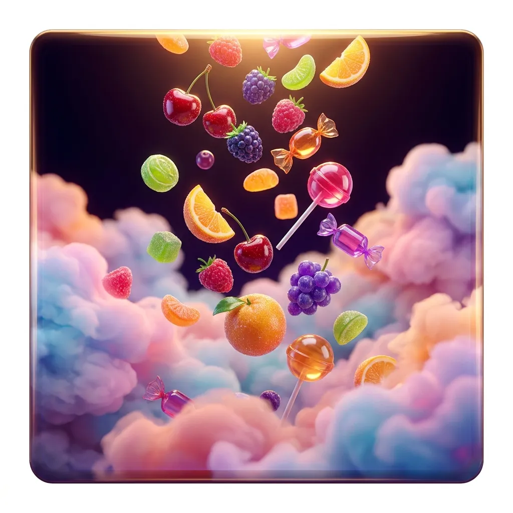 Glossy 3D fruits and candies tumbling through soft pastel clouds with warm gold rim lighting on dark background