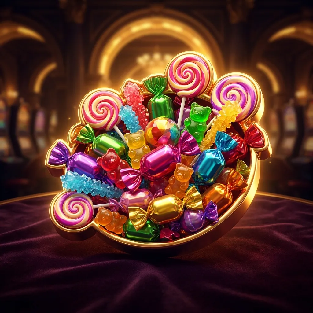 Glossy wrapped candies and colourful lollipops bursting upward on a dark background with warm gold rim lighting