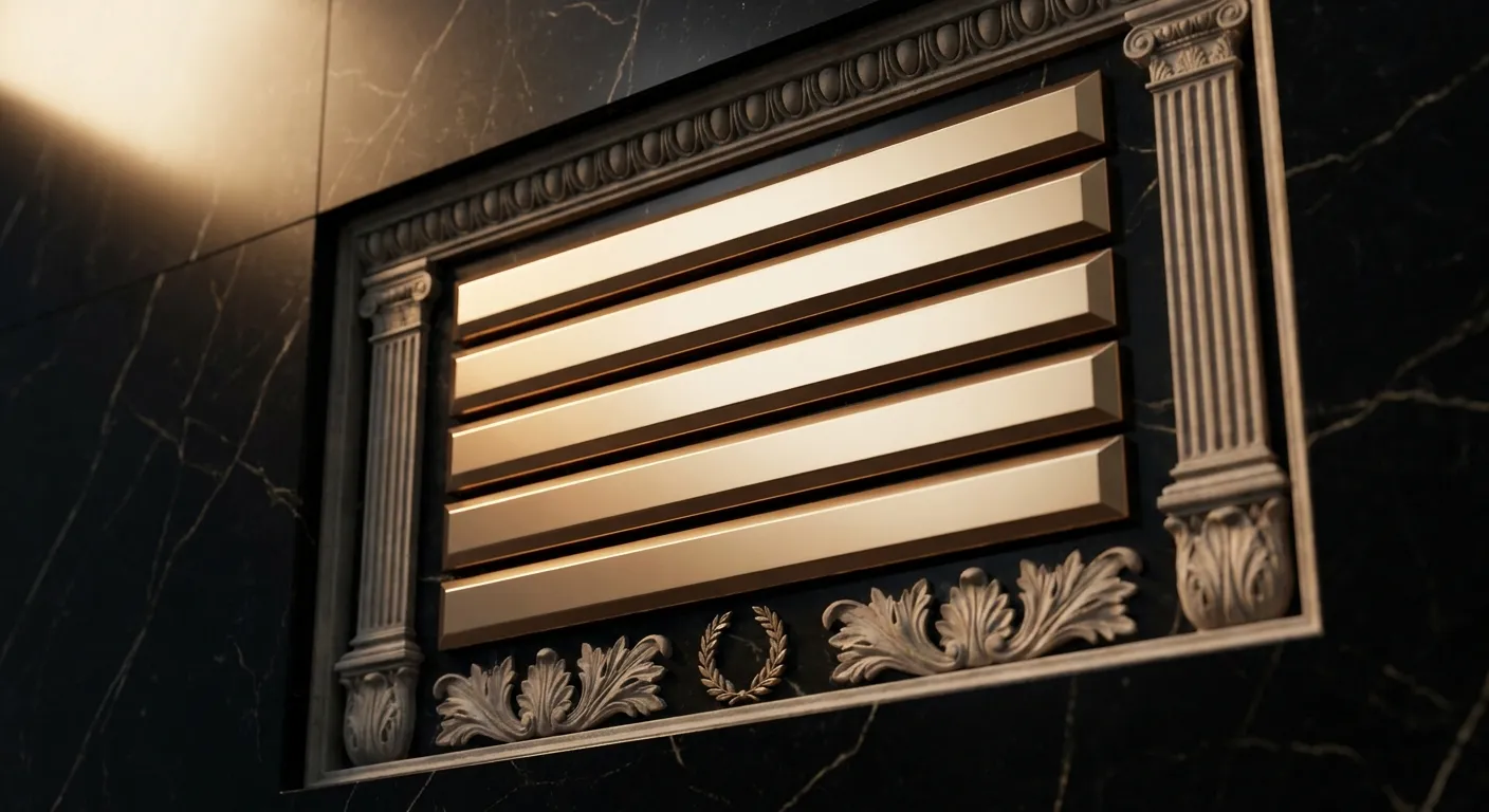 Polished faceted gold tally board rows on dark veined black marble wall with classical antiquity motifs and cinematic warm li