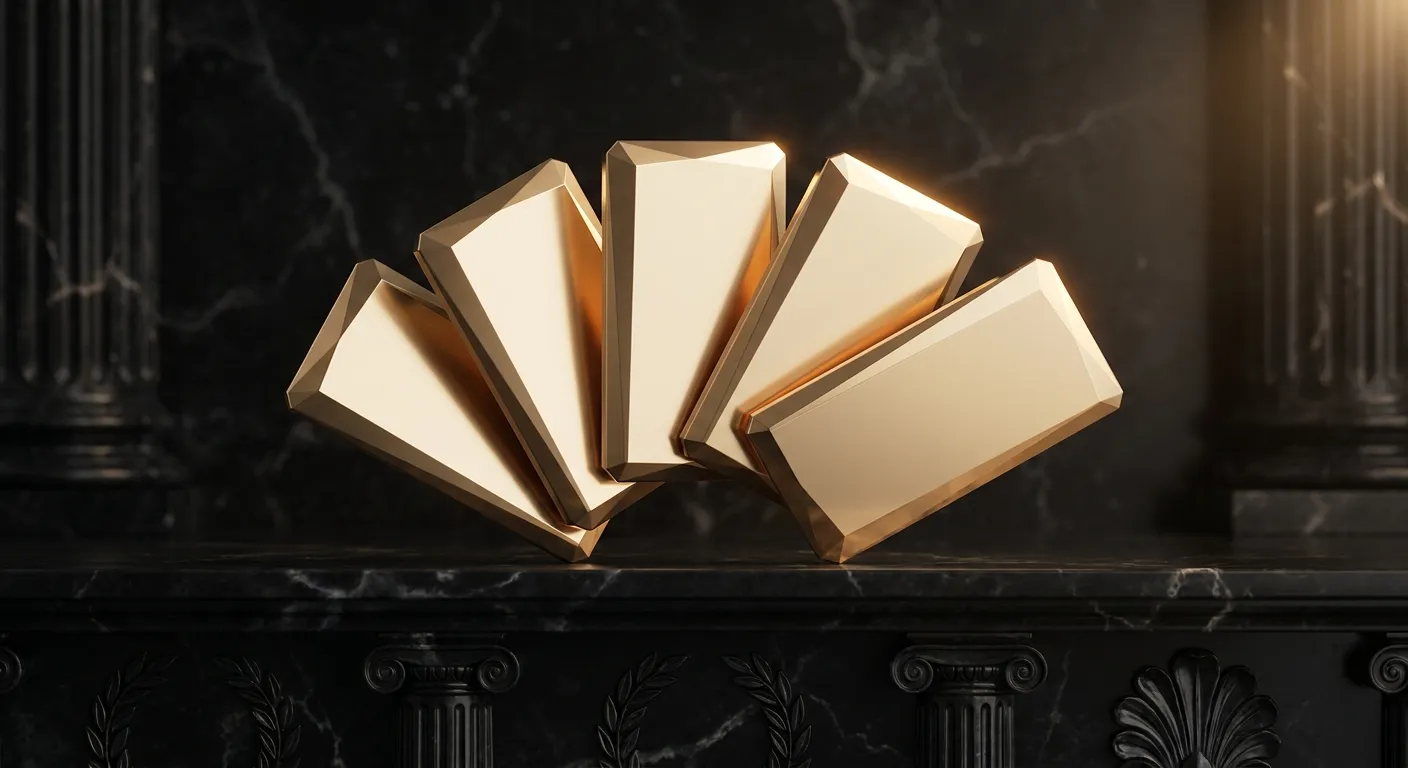 Five polished faceted gold card rectangles fanned on a dark veined marble ledge, lit with warm cinematic key light against cl