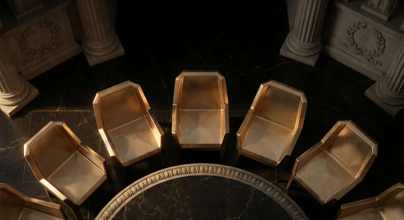 Overhead view of semicircular arrangement of faceted champagne-gold chairs around a dark marble table, cinematic low-key ligh