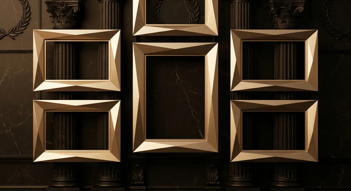 Polished faceted gold empty picture frames in a grid on dark veined marble wall, classical antiquity motifs, cinematic low-ke