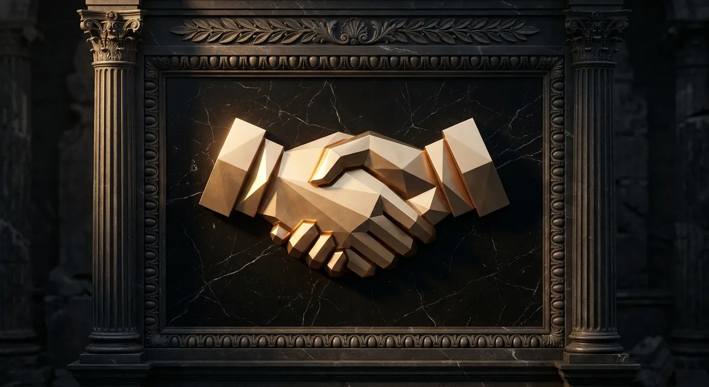 Stylised angular handshake in polished faceted gold relief on dark veined marble, classical acanthus mouldings, cinematic war