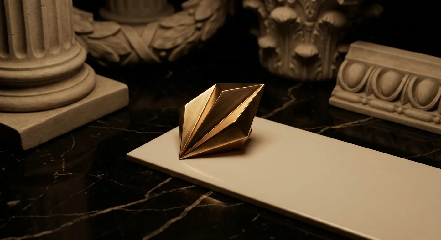 Polished chamfered gold pin pressing a blank white tile onto dark veined marble, lit by a single warm cinematic key light
