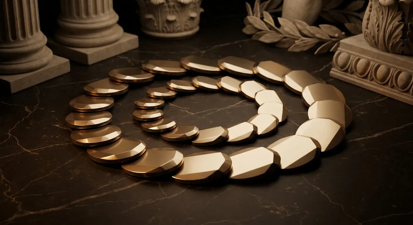 Widening spiral of bevelled gold discs on black veined marble, warm cinematic light casting deep antique bronze shadows, clas