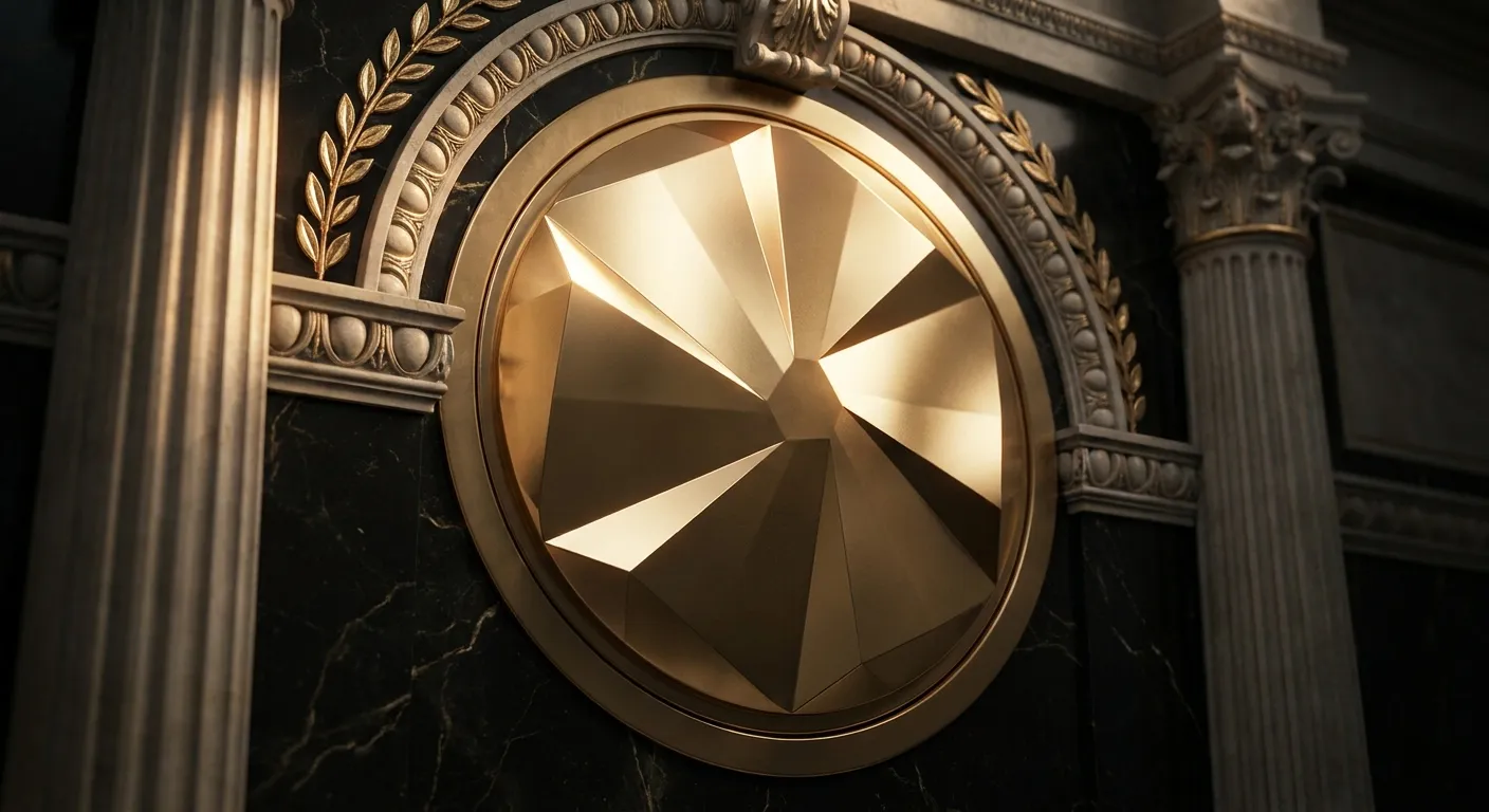 Circular polished faceted gold vault door with classical acanthus and egg-and-dart details set into dark veined black marble,