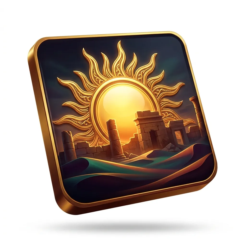 Radiant golden sun disc rising dramatically over ancient sandstone ruins and desert dunes in cinematic 3D render