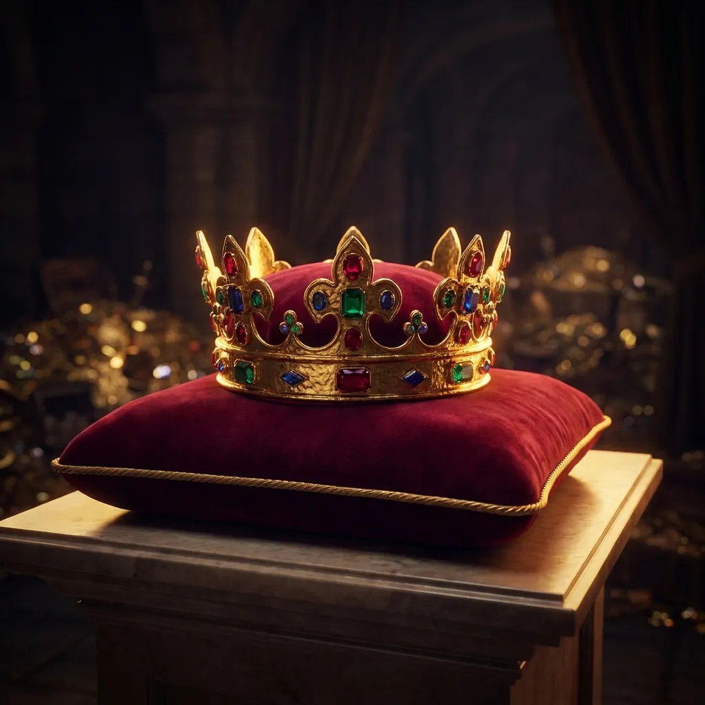 Ornate jewelled crown resting on a deep velvet cushion in a dimly lit treasury, bathed in warm gold rim light against a dark 
