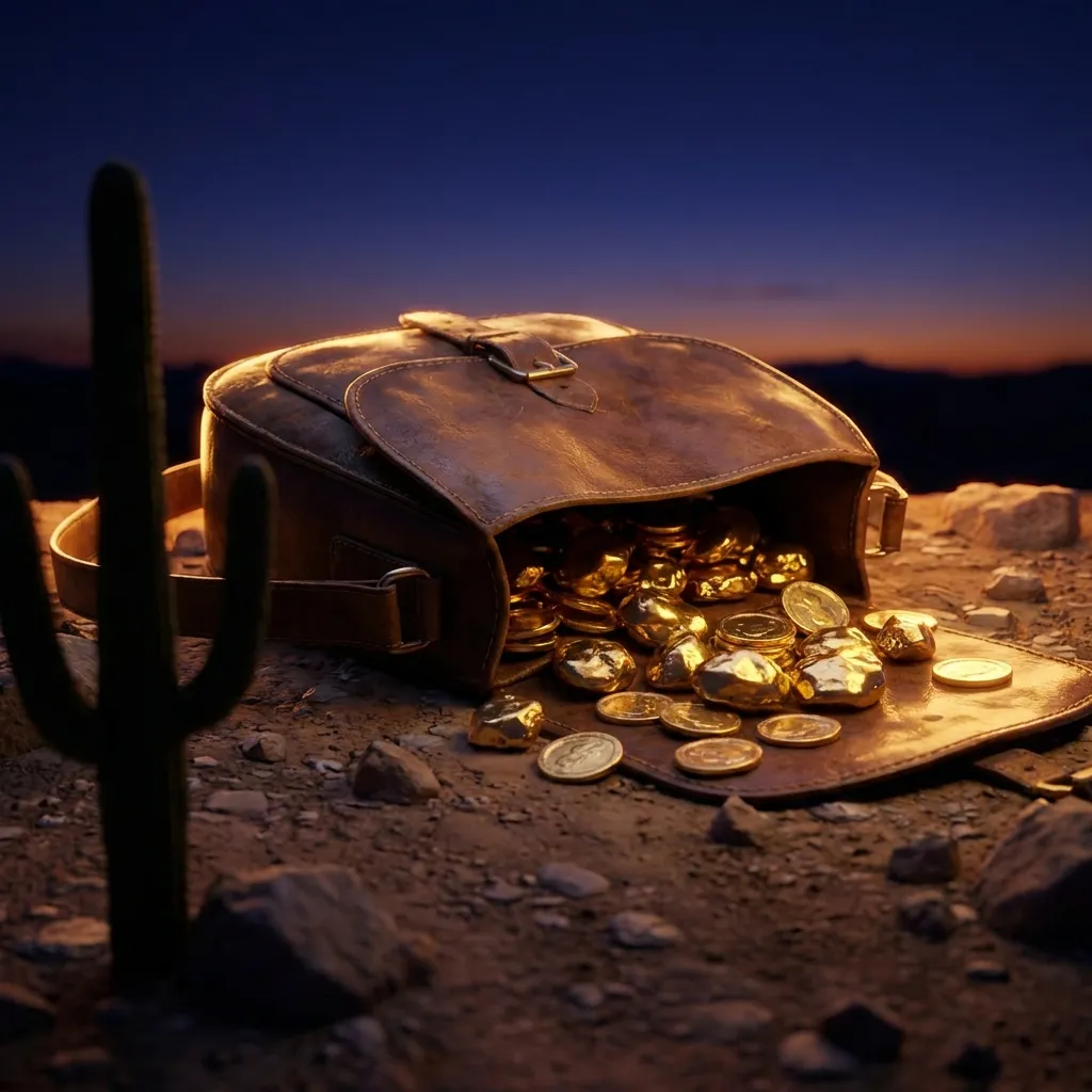 Glossy 3D render of a weathered leather saddlebag spilling gold nuggets beside a desert cactus at dramatic dusk lighting