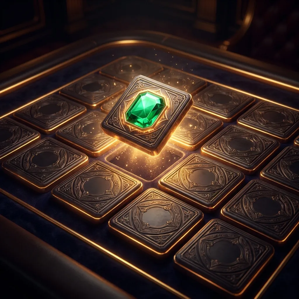 Glossy dark game board with a grid of closed tiles, one lifted corner revealing a brilliant glowing gemstone beneath, warm go