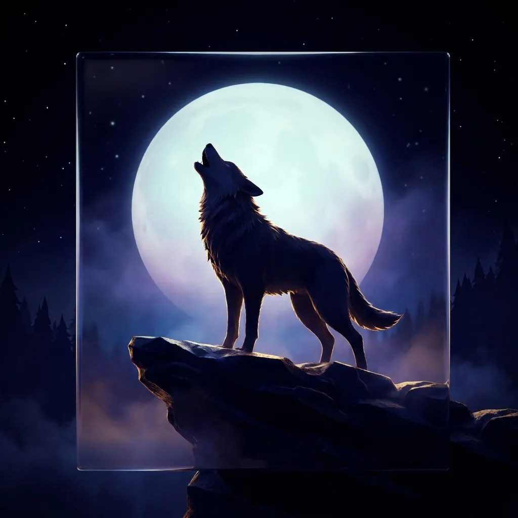 A glossy 3D-rendered lone wolf silhouetted on a dark ridge against a huge pale full moon with gold rim lighting.