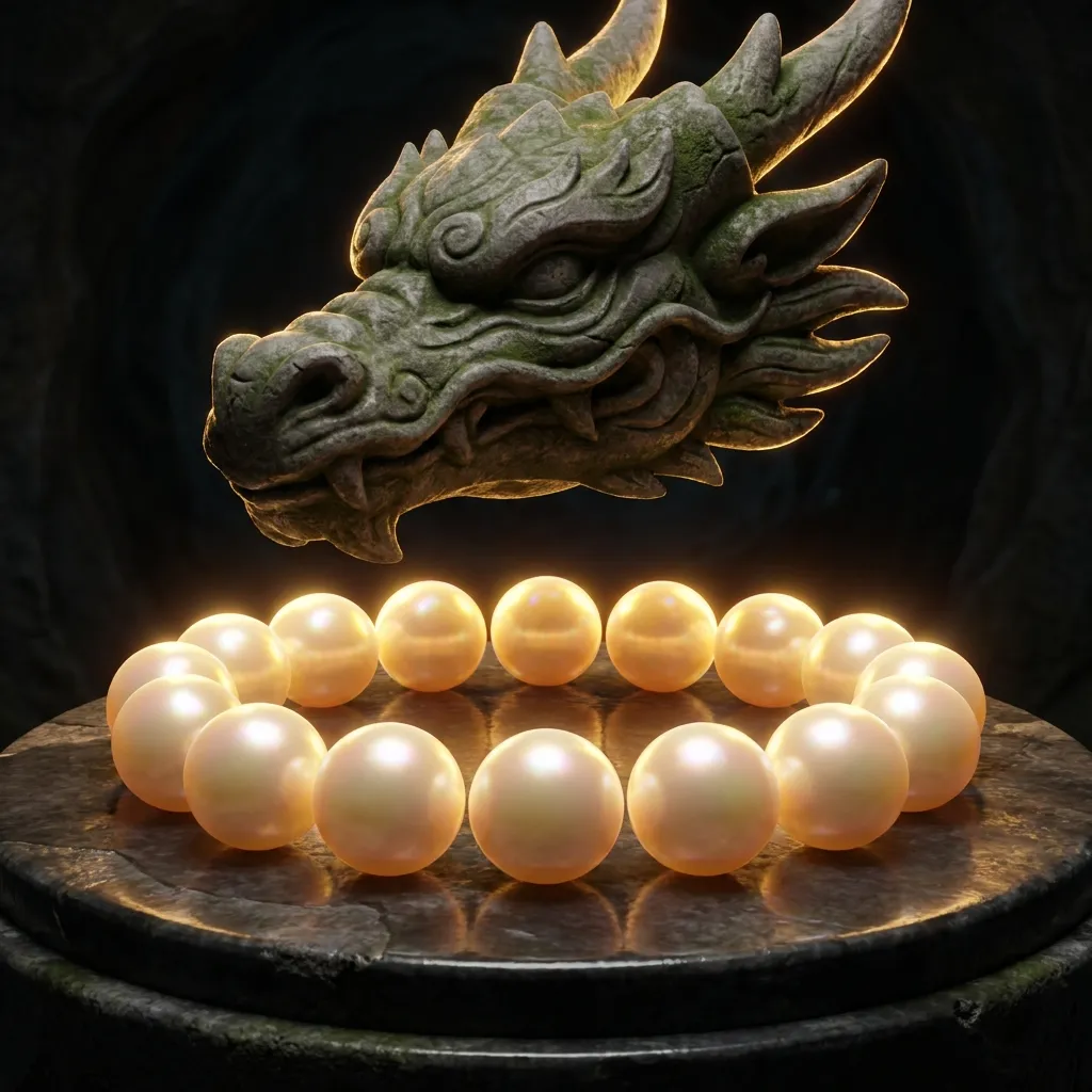 Fifteen glowing pearls arranged before a carved stone dragon head on a dark background with warm gold rim lighting