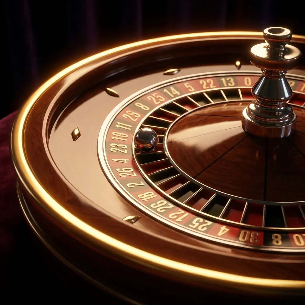 Close macro cinematic 3D render of a glossy polished roulette wheel with a chrome ball mid-spin, dramatic gold rim lighting o