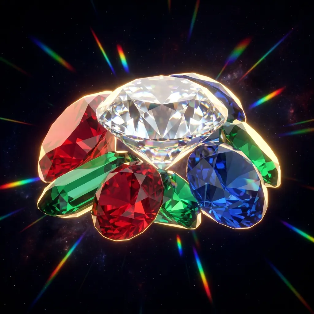 Faceted luminous gemstones casting prismatic rainbow light rays across a dark cosmic background in a glossy 3D render