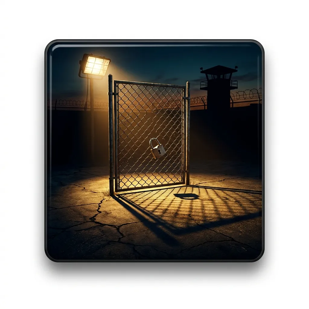 Glossy 3D render of a bleak prison yard at night with chain-link fence, harsh floodlights and cracked concrete under dramatic