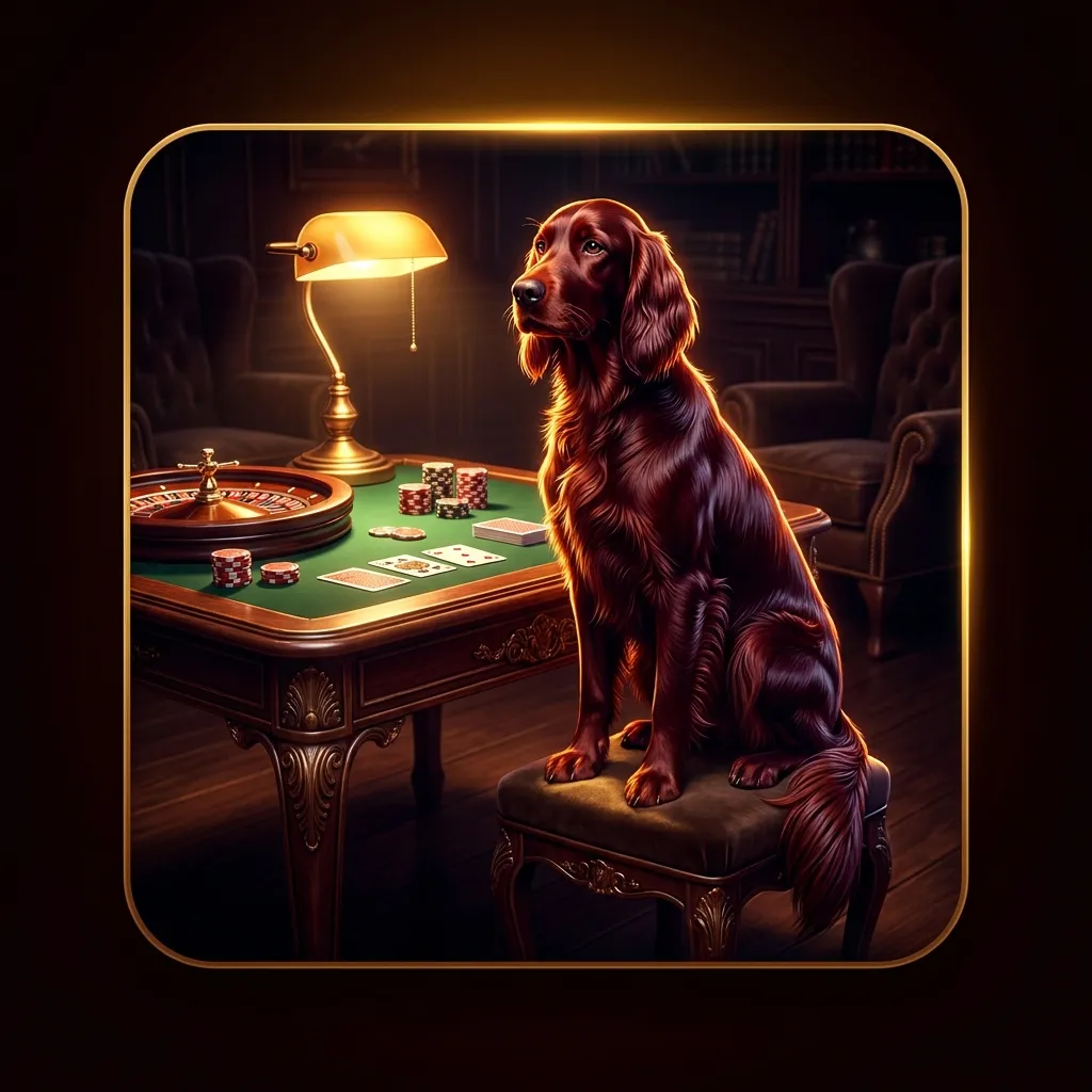 Glossy 3D render of a red setter dog seated beside a card table under warm dramatic lighting on dark background