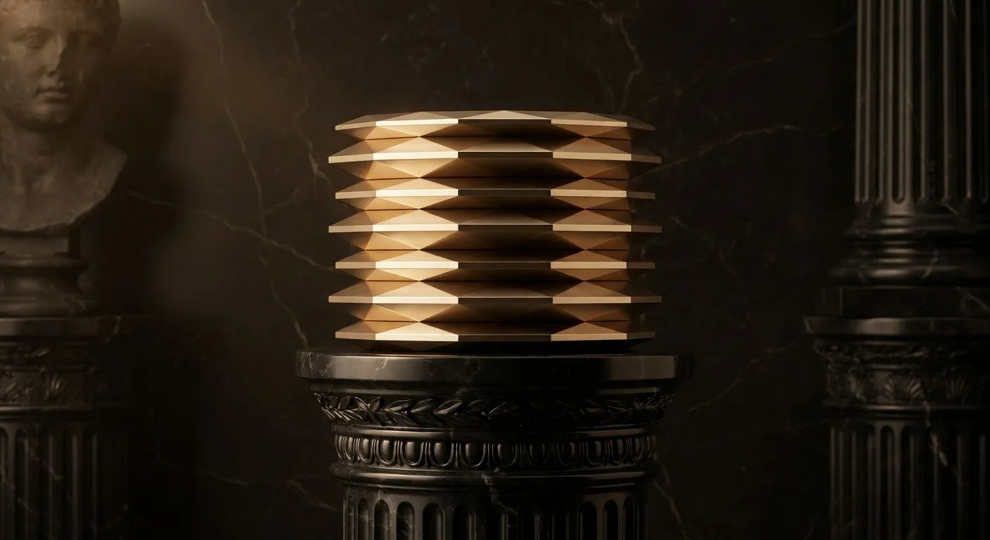 Column of stacked faceted chamfered gold plates with warm champagne highlights and antique bronze shadows against dark veined