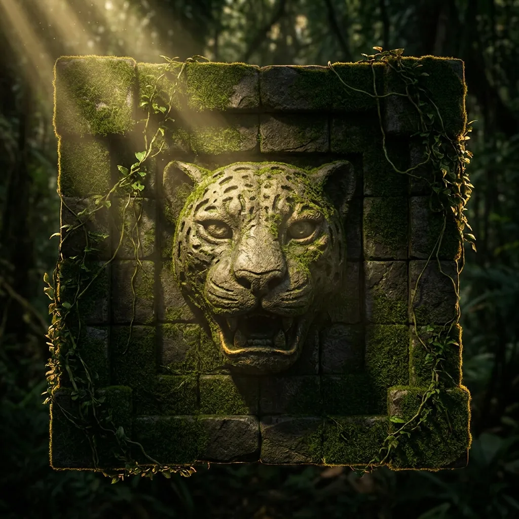 Glossy 3D render of a moss-covered carved stone jungle temple wall dramatically lit by golden sunbeams from above.