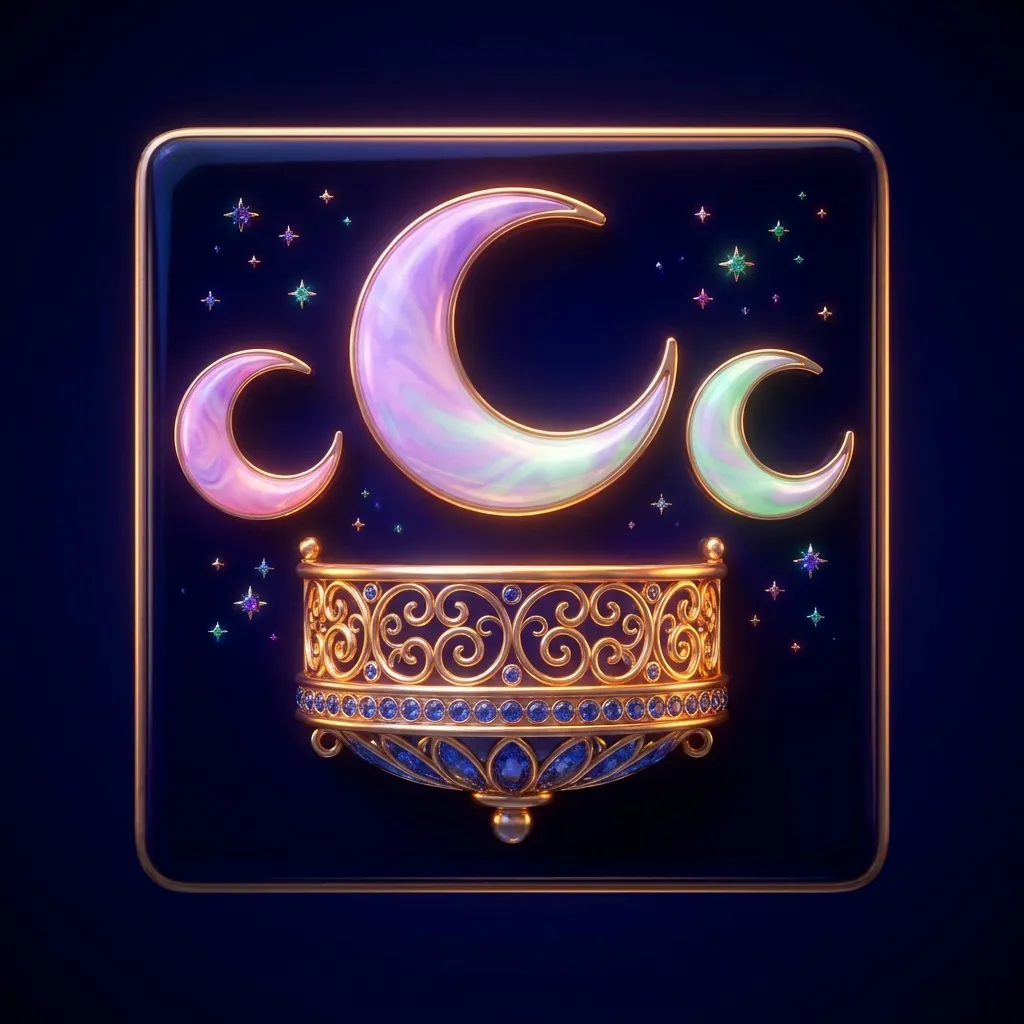 Three glowing crescent moons arc above an ornate palace balcony bathed in soft pastel light against a deep starlit sky