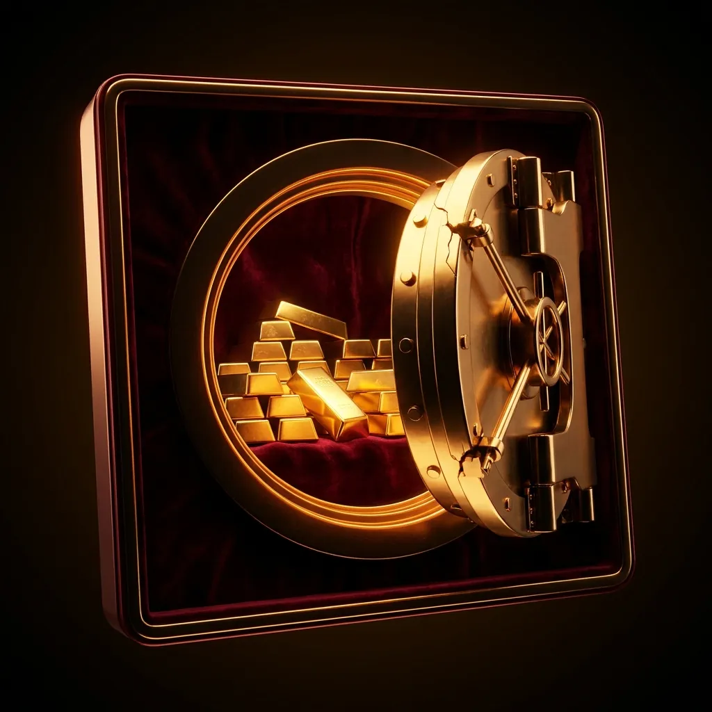Cinematic 3D render of a velvet-lined open vault with tilted gleaming gold bars and a dramatic cracked safe door on a dark ba