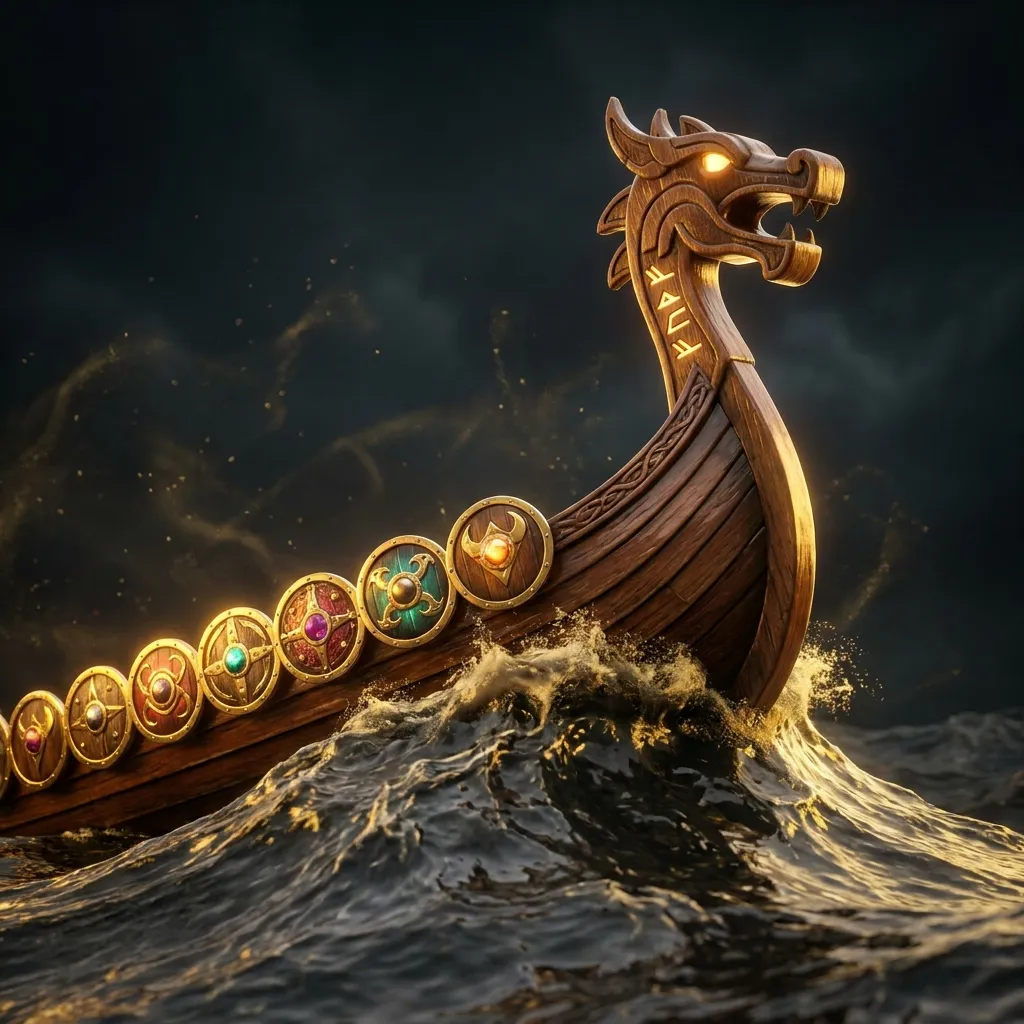 Glossy 3D render of a Viking longship prow cresting a grey wave with round shields, dramatic gold rim lighting on dark backgr